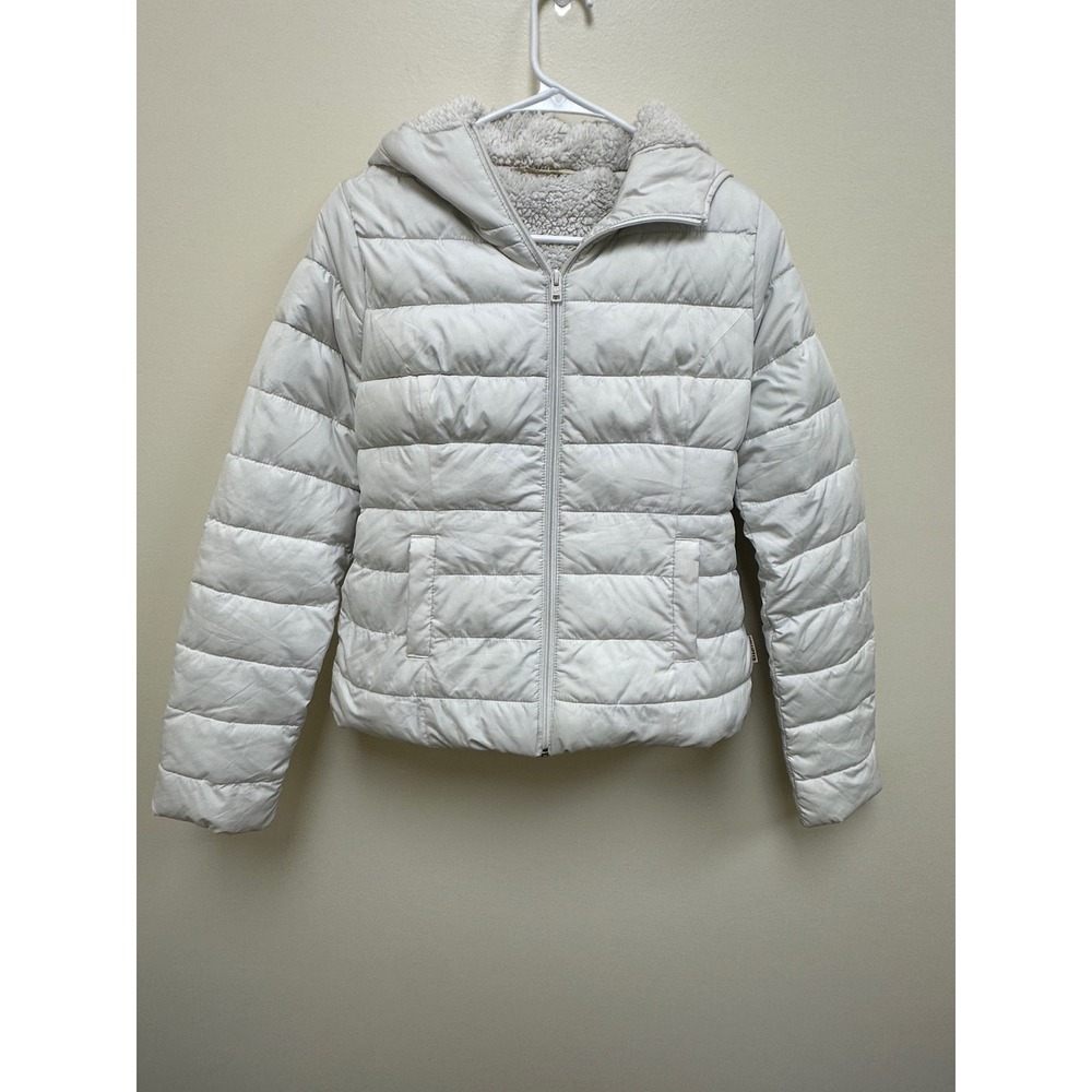 Hollister Womens Small Off-White Sherpa Lined Hooded Puffer Jacket Full Zip